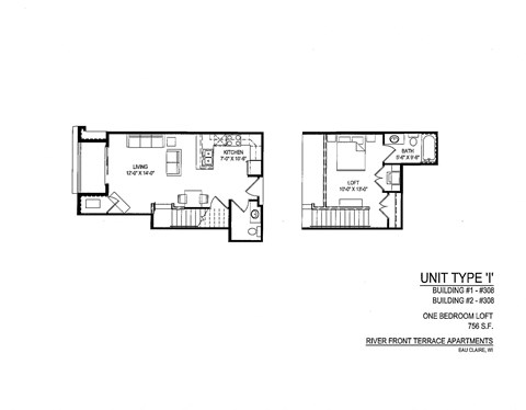 Floor plan for 1 bed, 1.5 baths, 936 sqft